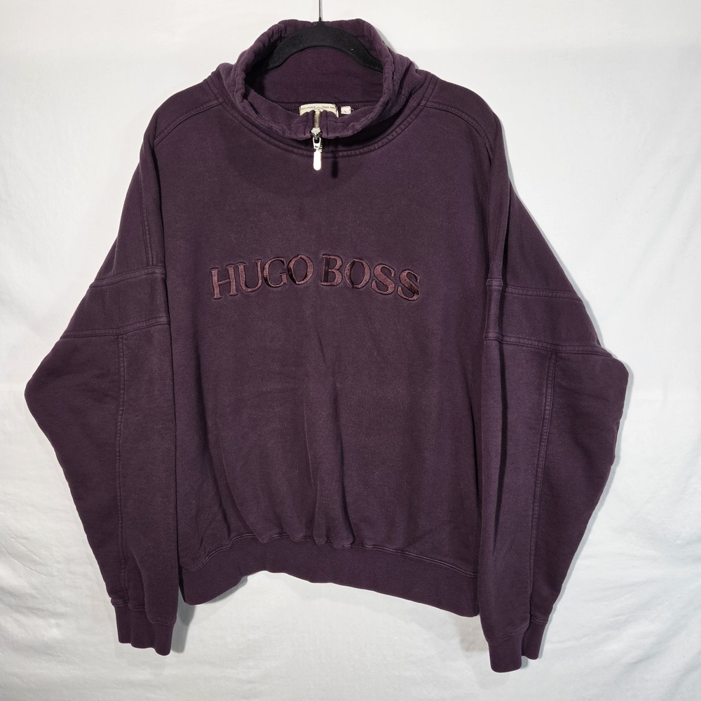 90s Hugo Boss Embroidered Sweatshirt Oversized Mock Neck Large Pockets Purple